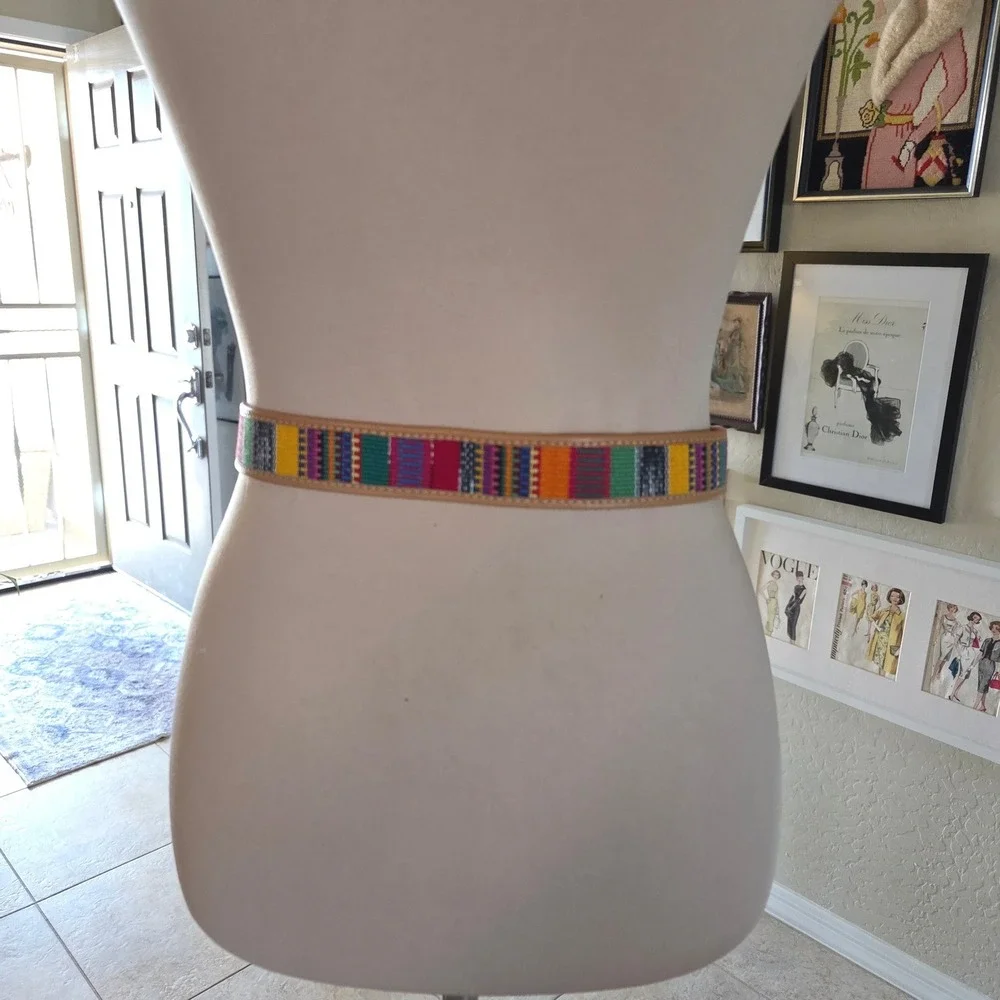 Vintage Boho Tan Leather‎ Woven Multi Color Belt Crafted in Guatemala Medium